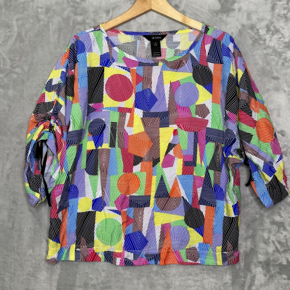 Ali Miles Shirt Womens Small Multicolor Abstract 3/4 Ruched Sleeve Art to Wear